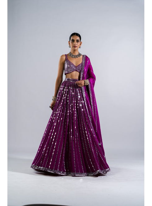 Pop Wine Linear Drop Lehenga With Metallic Blouse