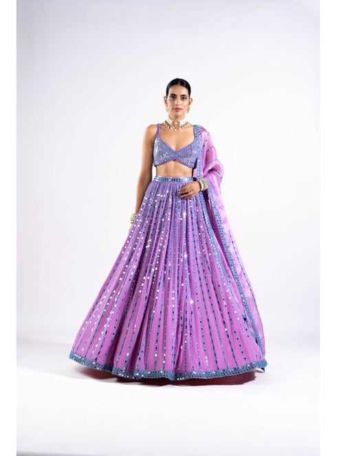 Mauve Linear Drop Lehenga With Metallic Blouse