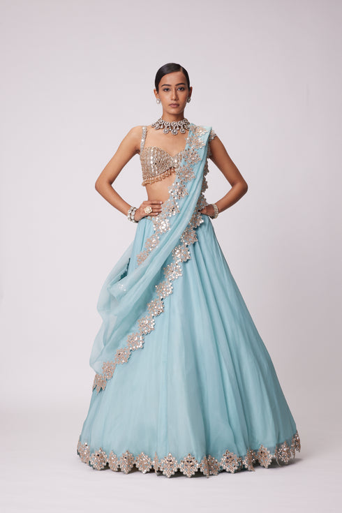 Powder Blue Organza Hand Embroidered Lehenga Set