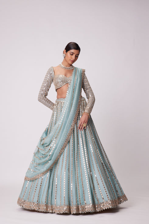 Powder Blue Linear Embroidered Lehenga Set