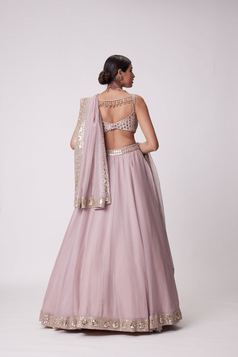 Ash Pink Mirror Hand Embroidered Lehenga Set