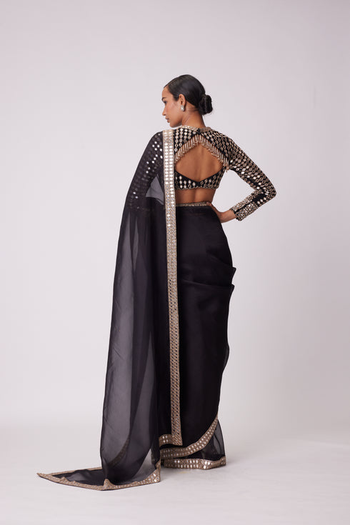 Black Hand Embroidered Organza Saree Set
