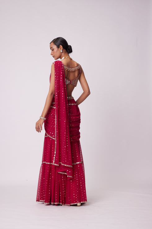Crimson Red Multi-Tier Sequin Embroidered Saree Set