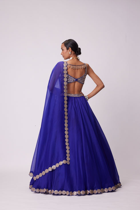 Persian Blue Linear Mirror Embroidered Lehenga Set