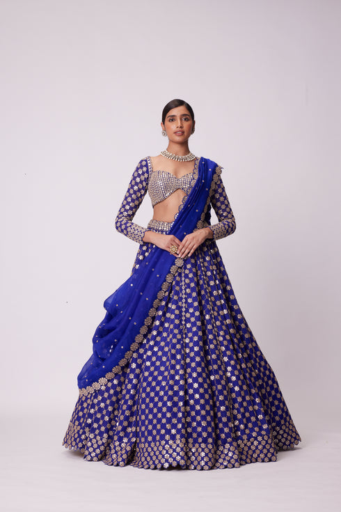 Persian Blue Mirror Flower Hand Embroidered Lehenga