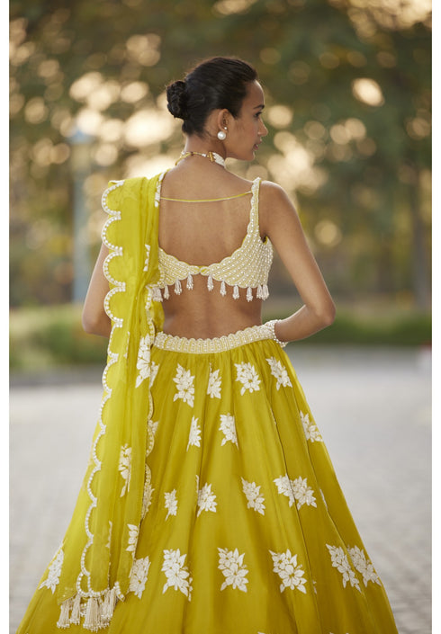 Moss Green Flower Lehenga Set