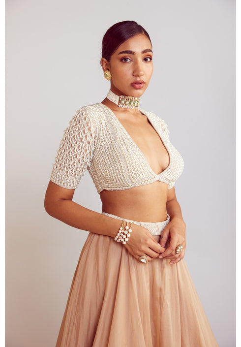 Beige Organza Lehenga Set