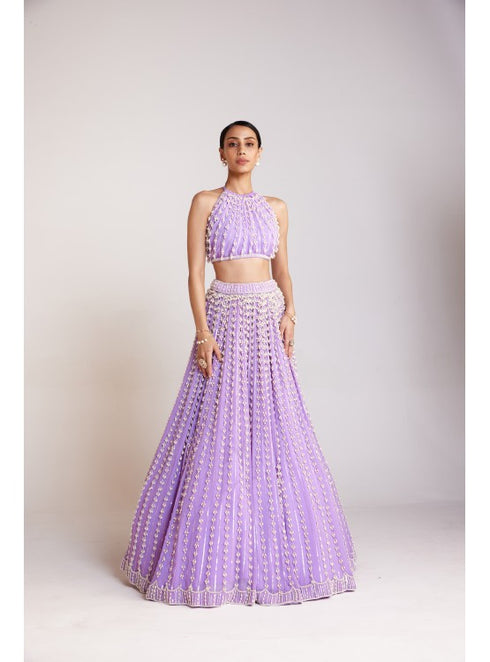 Lilac Chandelier Pearl Halter Neck Crop Top Skirt Set