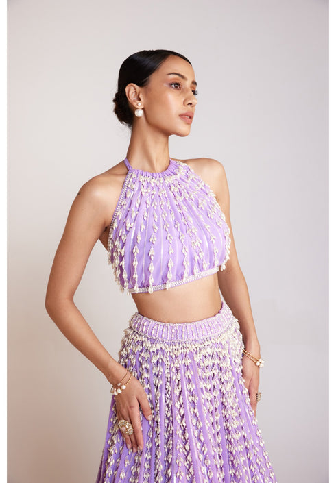 Lilac Chandelier Pearl Halter Neck Crop Top Skirt Set