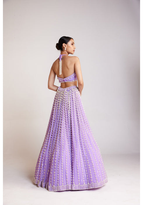 Lilac Chandelier Pearl Halter Neck Crop Top Skirt Set