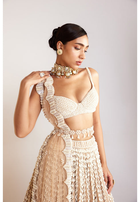 Beige Chandelier Pearl Sweetheart Neck Lehenga Set