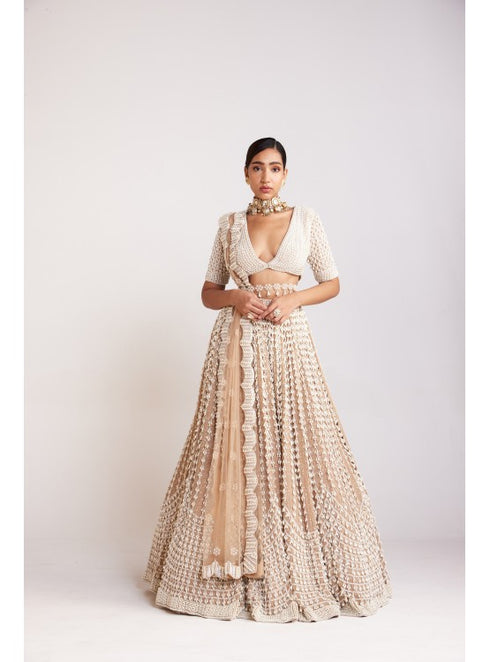 Beige V Neck Chandelier Pearl Lehenga Set