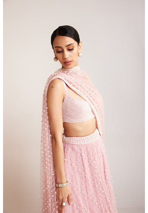 Powder Pink Dense Pearl Lehenga Set