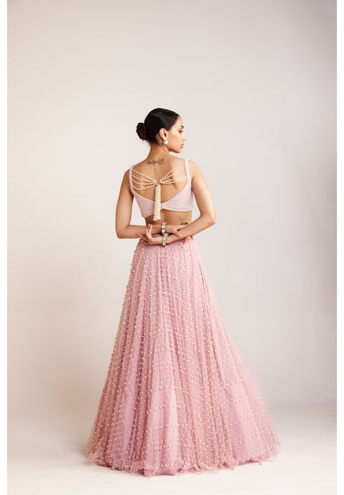 Powder Pink Dense Pearl Lehenga Set