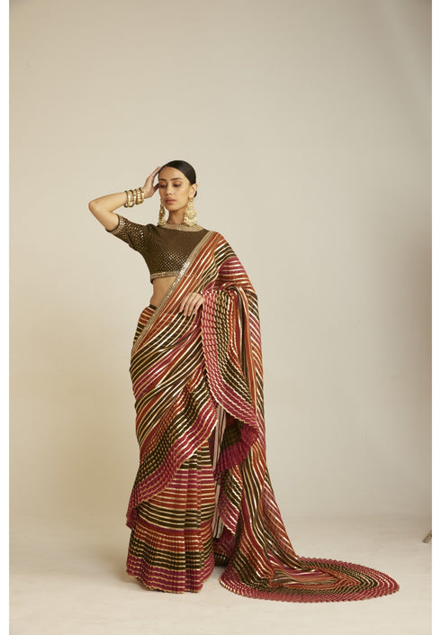 Pre Draped Olive Green Multicolor Saree Set