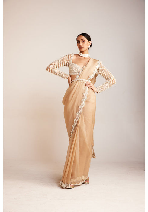 Beige Pearl Embellished Saree