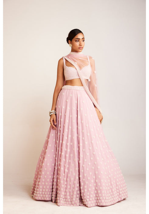 Powder Pink Pearl Flower Lehenga