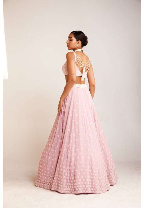 Powder Pink Pearl Flower Lehenga