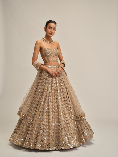 Light Beige Big Mirror Cutwork Lehenga With Corset Set