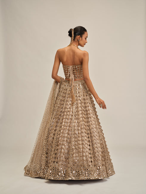 Light Beige Big Mirror Cutwork Lehenga With Corset Set