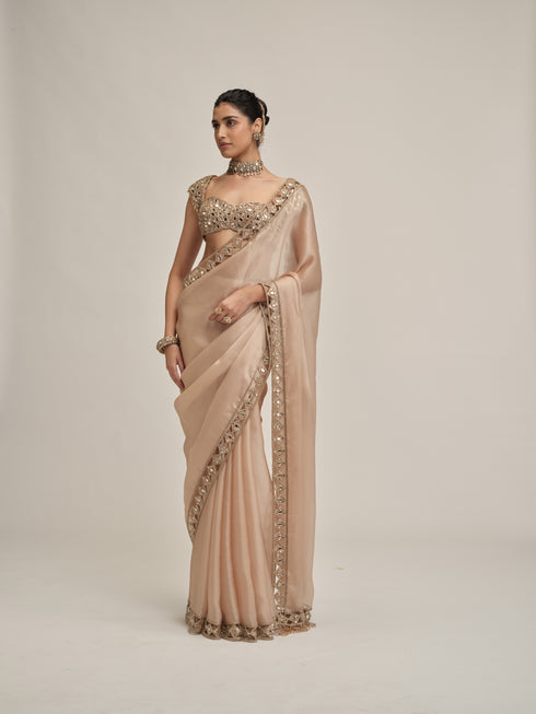 Light Beige Diamond Cutwork Border Saree Set