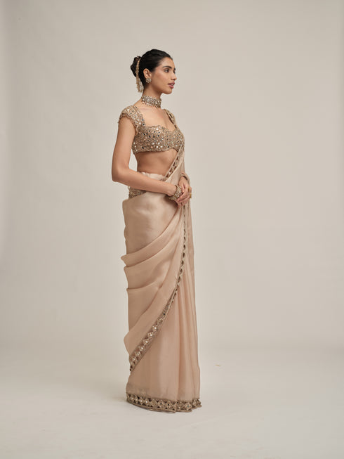 Light Beige Diamond Cutwork Border Saree Set