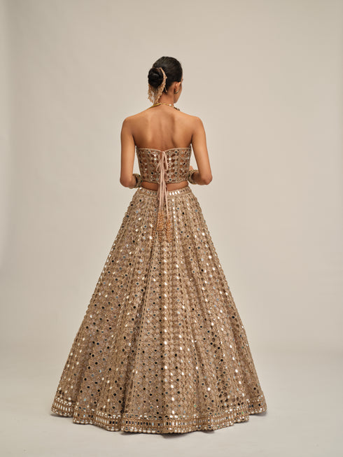 Light Beige Big Mirror Cutwork Crop Top Skirt Set