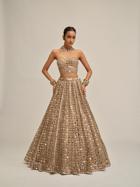 Light Beige Big Mirror Cutwork Crop Top Skirt Set