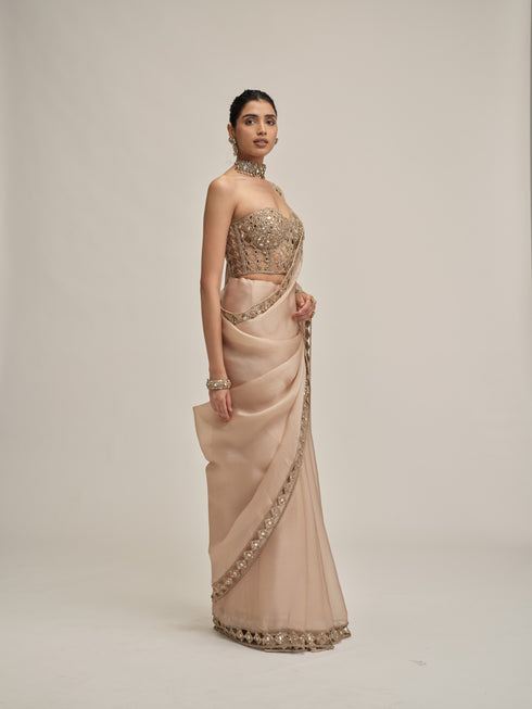 Light Beige Cutwork Border Saree With Corset Set