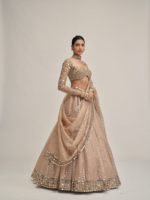 Light Beige Sequins Embroidered Full Sleeves Lehenga Set