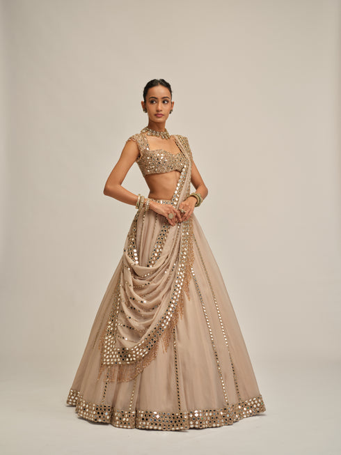 Light Beige Mirror Linear Embroidered Lehenga Set