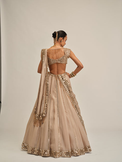 Light Beige Mirror Linear Embroidered Lehenga Set