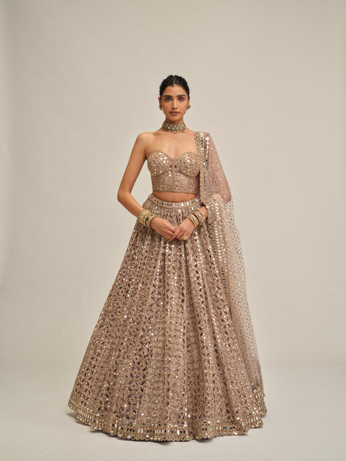 Ash Pink Circular Cutwork Lehenga With Corset Set