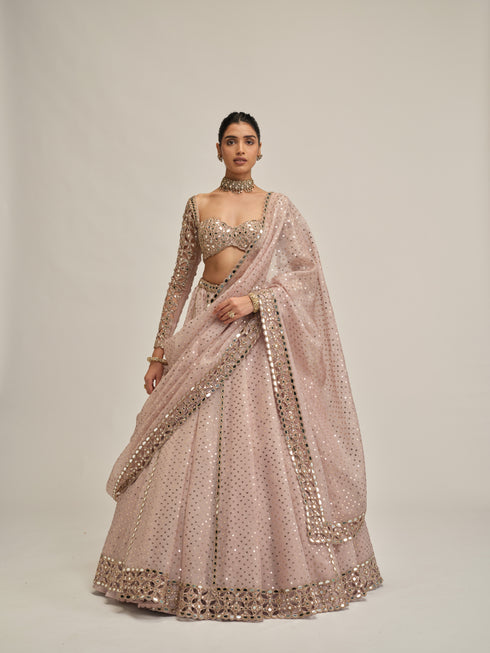 Ash Pink Cutwork Sleeve Lehenga Set