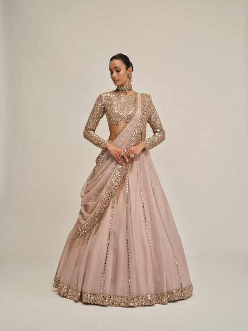 Ash Pink Full Sleeve Lehenga Set