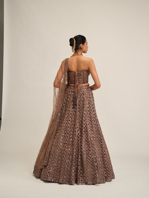 Deep Beige Flower Cutwork Lehenga Set
