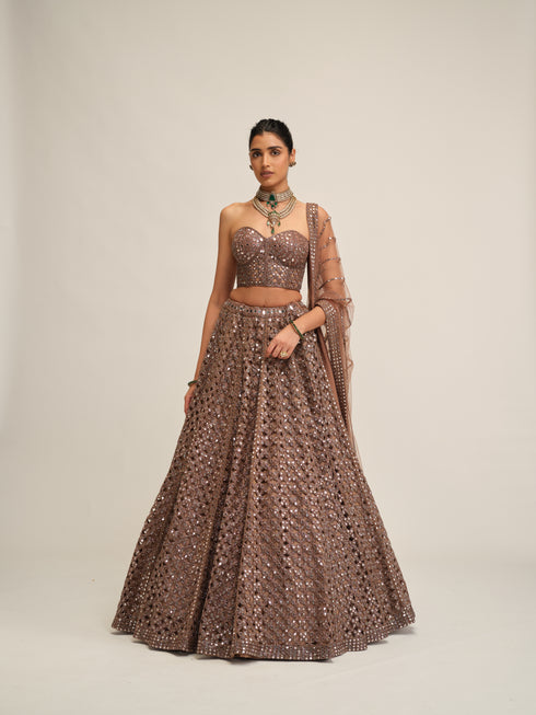 Deep Beige Flower Cutwork Lehenga Set