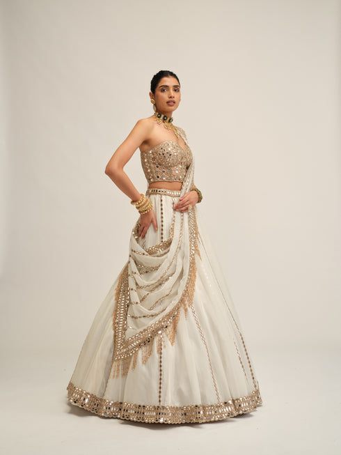Off White Linear Lehenga With Corset Set