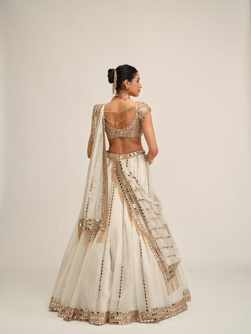 Off White Linear Lehenga Set