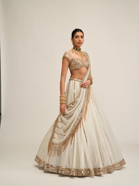 Off White Linear Lehenga Set