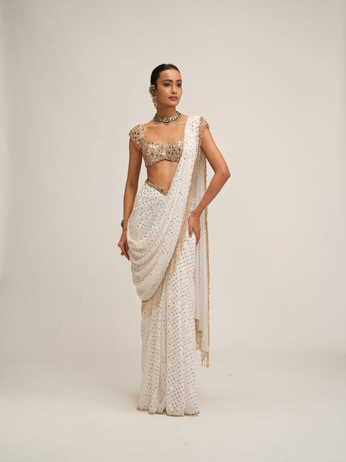 Off White Draped Saree Set