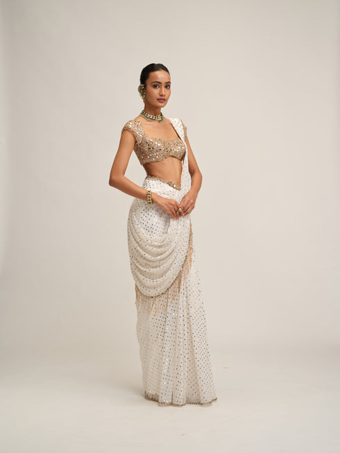 Off White Draped Saree Set