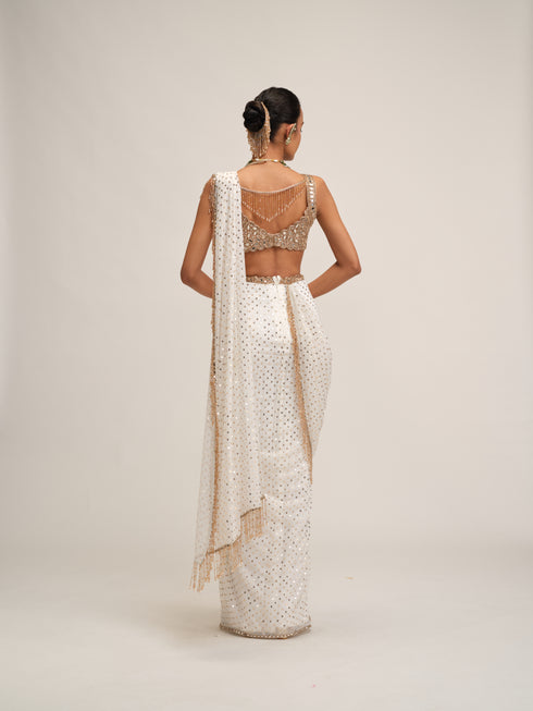 Off White Sequins Embroidered Saree Set