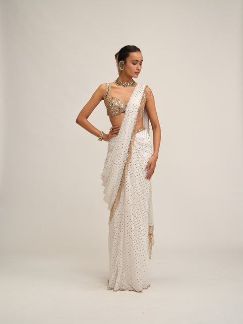 Off White Sequins Embroidered Saree Set
