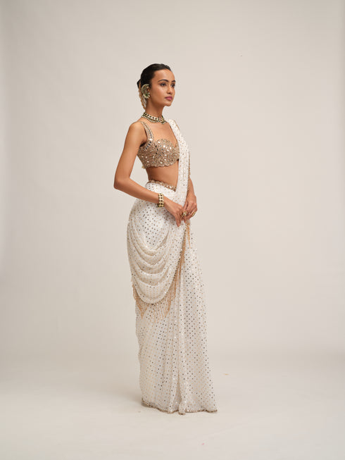 Off White Sequins Embroidered Saree Set