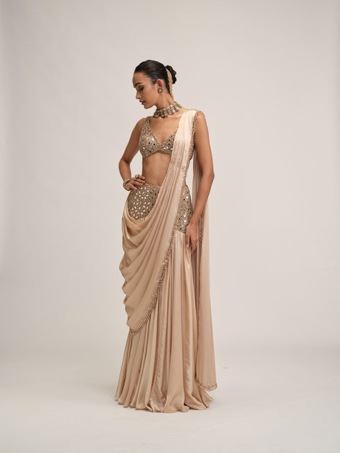Light Beige Satin Draped Saree Set