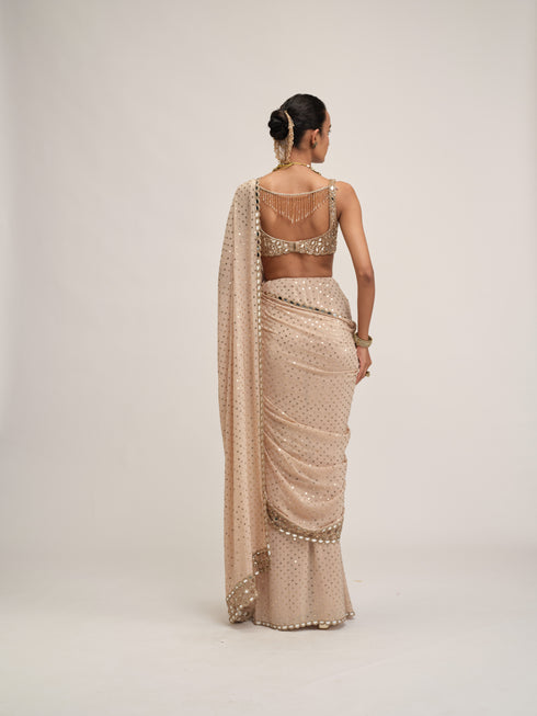Light Beige Round Neck Cutwork Border Saree Set