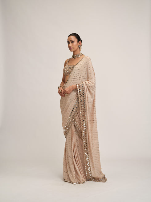 Light Beige Round Neck Cutwork Border Saree Set