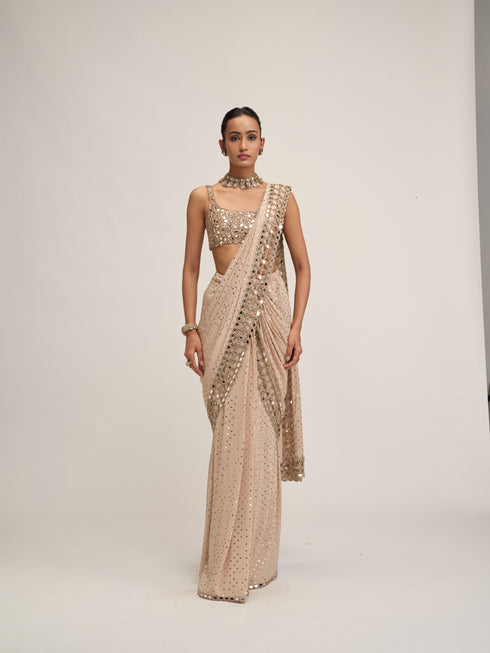 Light Beige Round Neck Cutwork Border Saree Set
