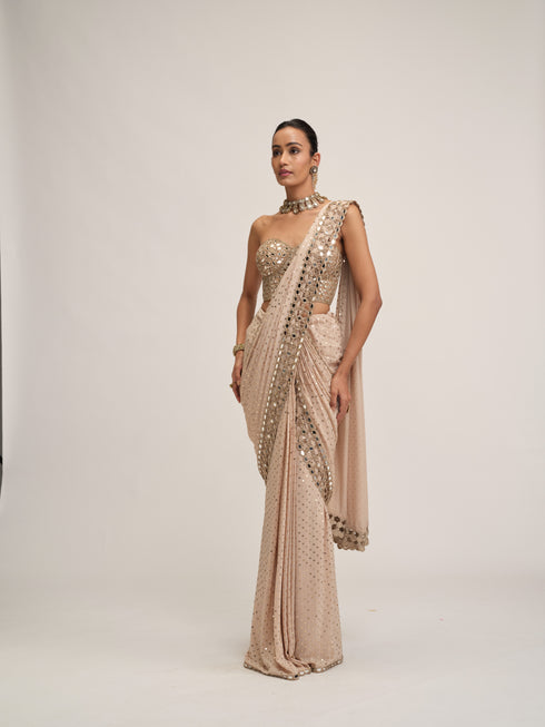 Light Beige Cutwork Border Saree Set